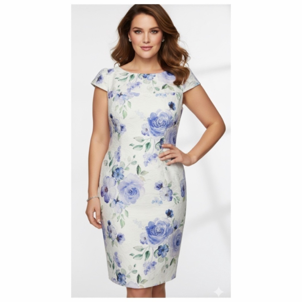 Adrianna Papell Womens Floral Knee Semi-Formal Sheath Dress Sz 12 White